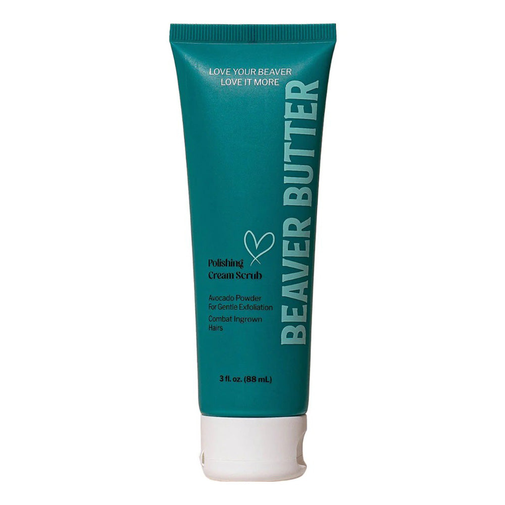 A teal tube of Beaver Butter Polishing Cream Scrub with white text.