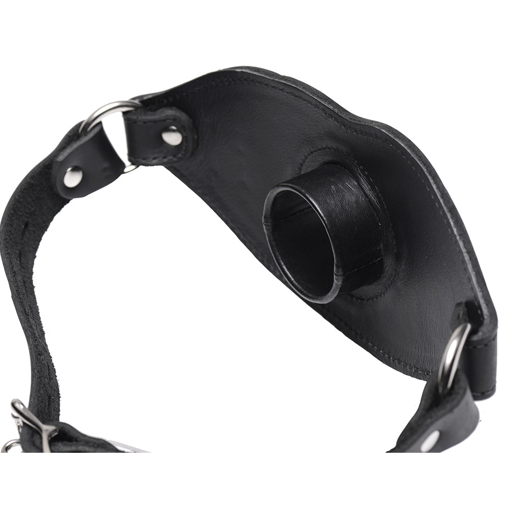 Black leather muzzle-style feeder gag with an open mouth design.