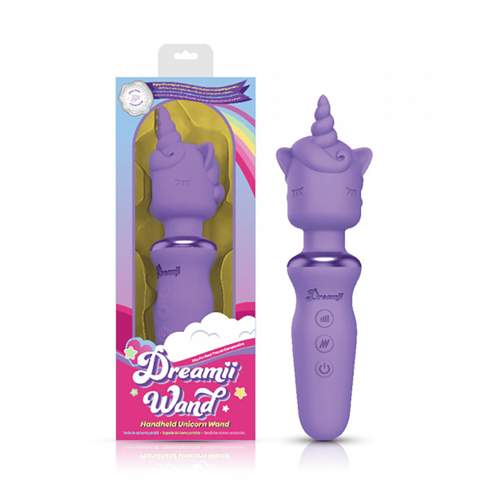 A lilac unicorn wand massager with buttons on the handle.
