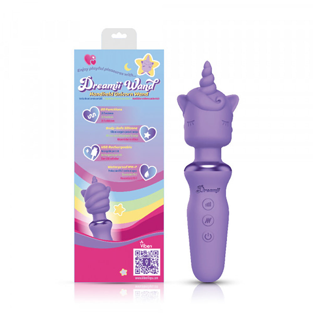 A lilac unicorn wand massager with a rainbow-colored box.