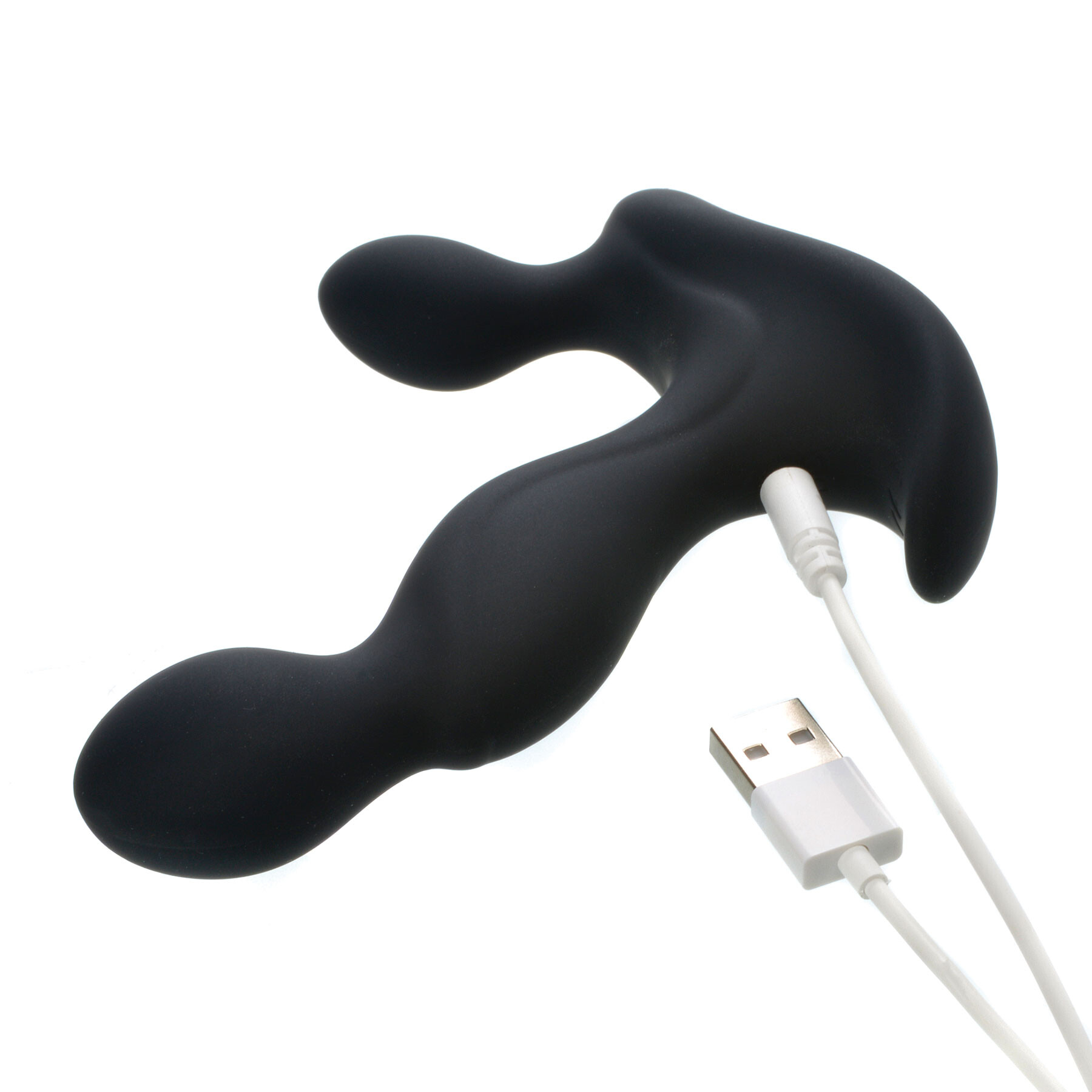 Black silicone triple probe vibrator with USB charging cable.
