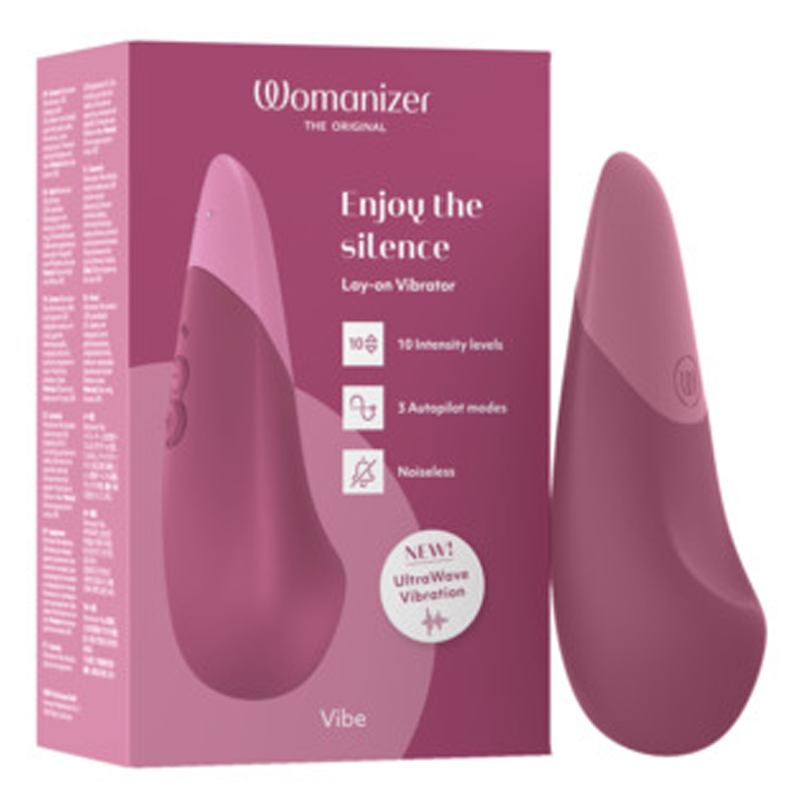 A dusky pink Womanizer Vibe clitoral vibrator with UltraWave Vibration technology.