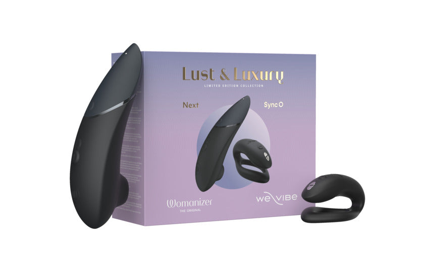 Black We-Vibe Sync O and Womanizer Next vibrators with a Lust & Luxury box.
