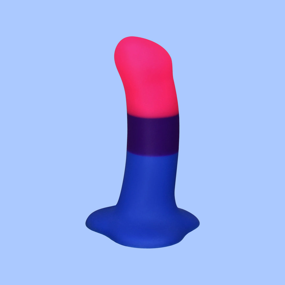 A curved dildo with pink, purple, and blue stripes.