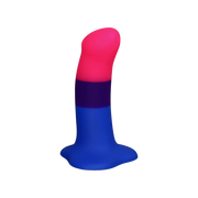 A bisexual pride dildo with pink, purple, and blue stripes.