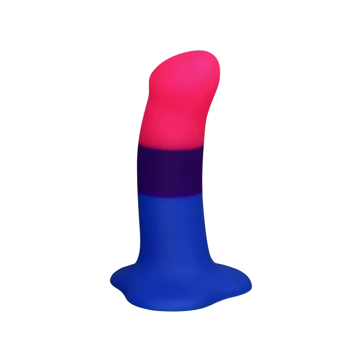 A bisexual pride dildo with pink, purple, and blue stripes.