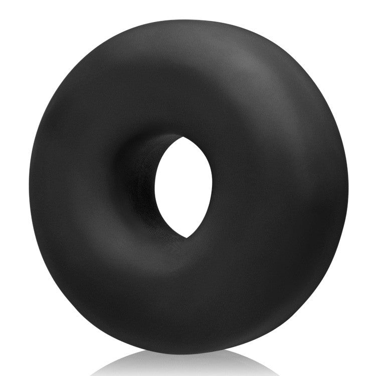 Black silicone cock ring and ball stretcher with a thick, rounded design.