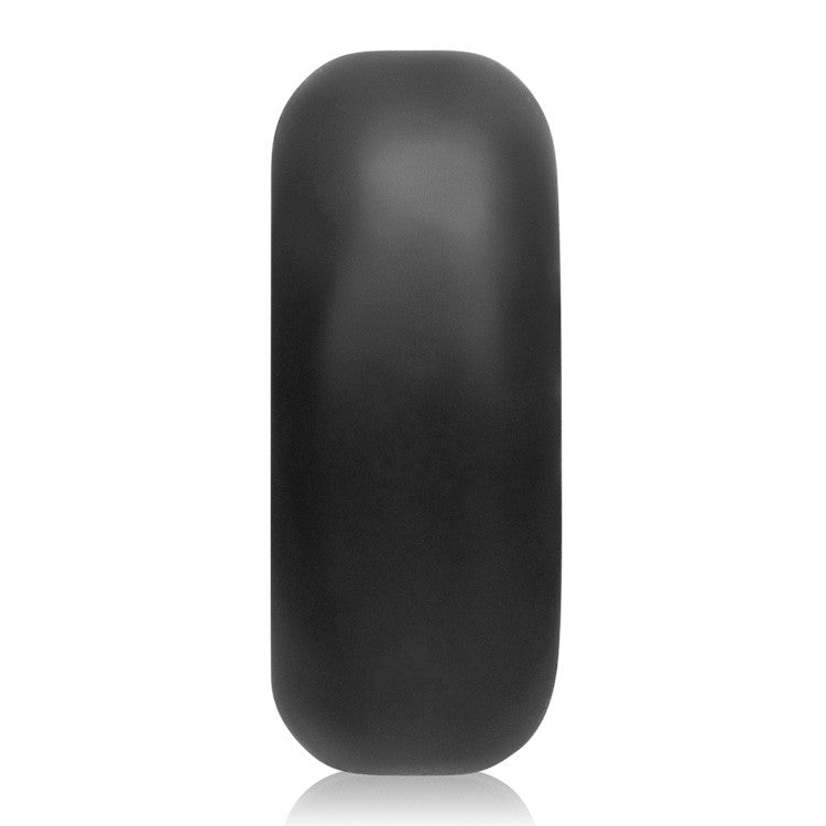 Black silicone cock ring and ball stretcher with rounded ends.