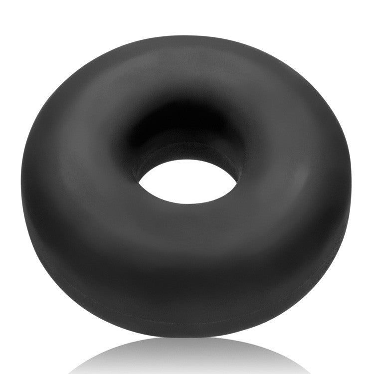 Black silicone cock ring and ball stretcher with a thick, rounded design.