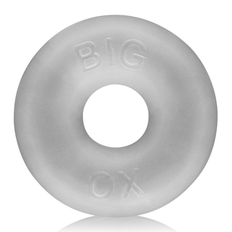 Thick, clear silicone cock ring with "BIG OX" embossed.