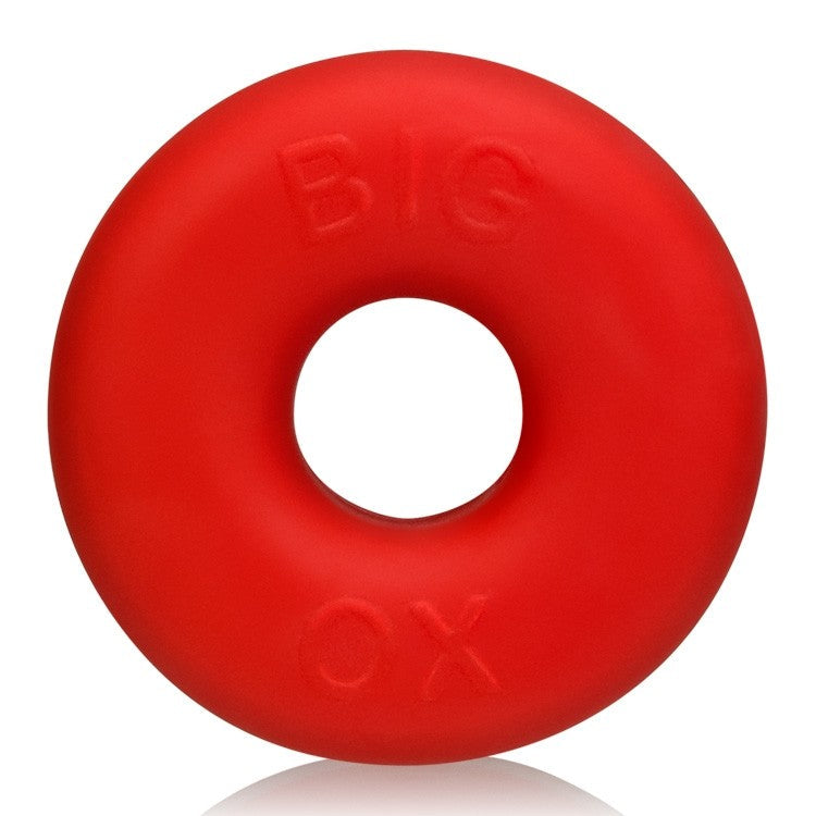 Red silicone cock ring and ball stretcher with "BIG OX" embossed.