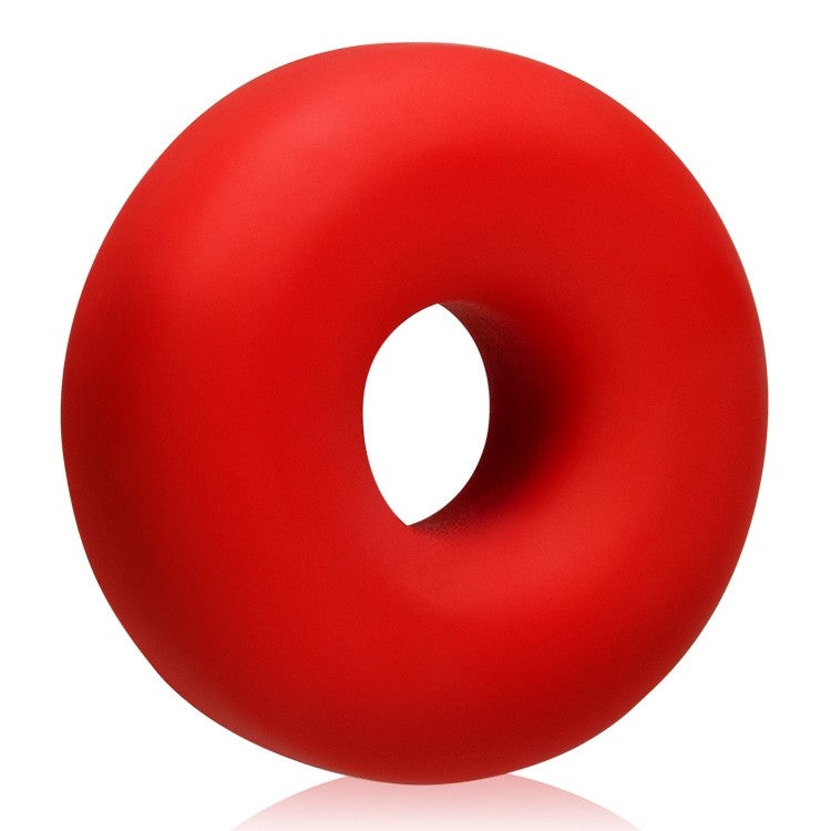 Red silicone cock ring and ball stretcher with a smooth finish.