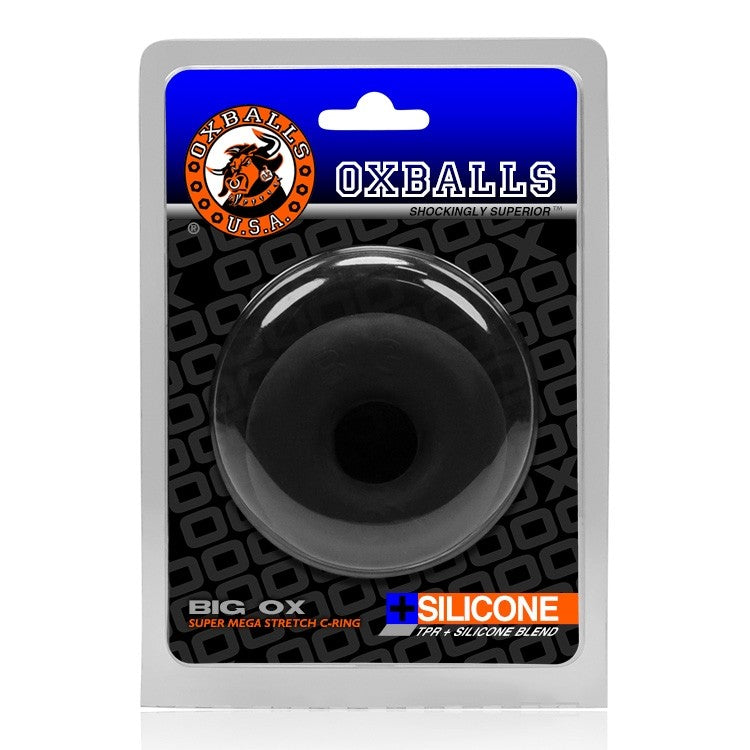 Black silicone cock ring and ball stretcher in packaging.
