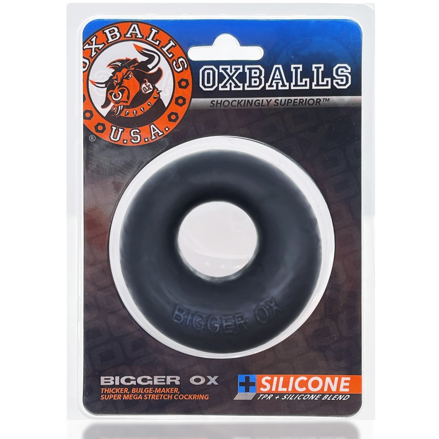 Black silicone cock ring with "BIGGER OX" text on a card.
