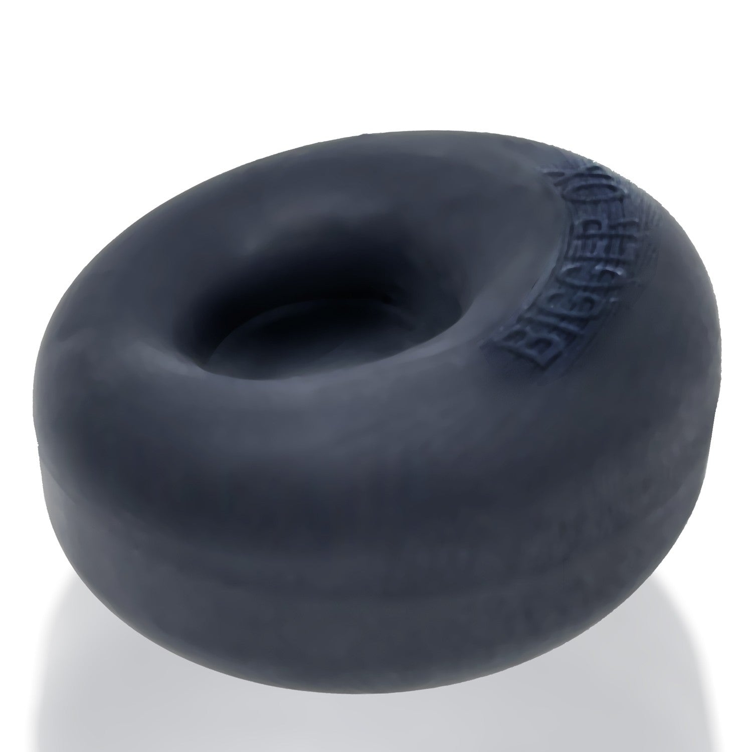 Black silicone bulge maker cock ring with embossed text.