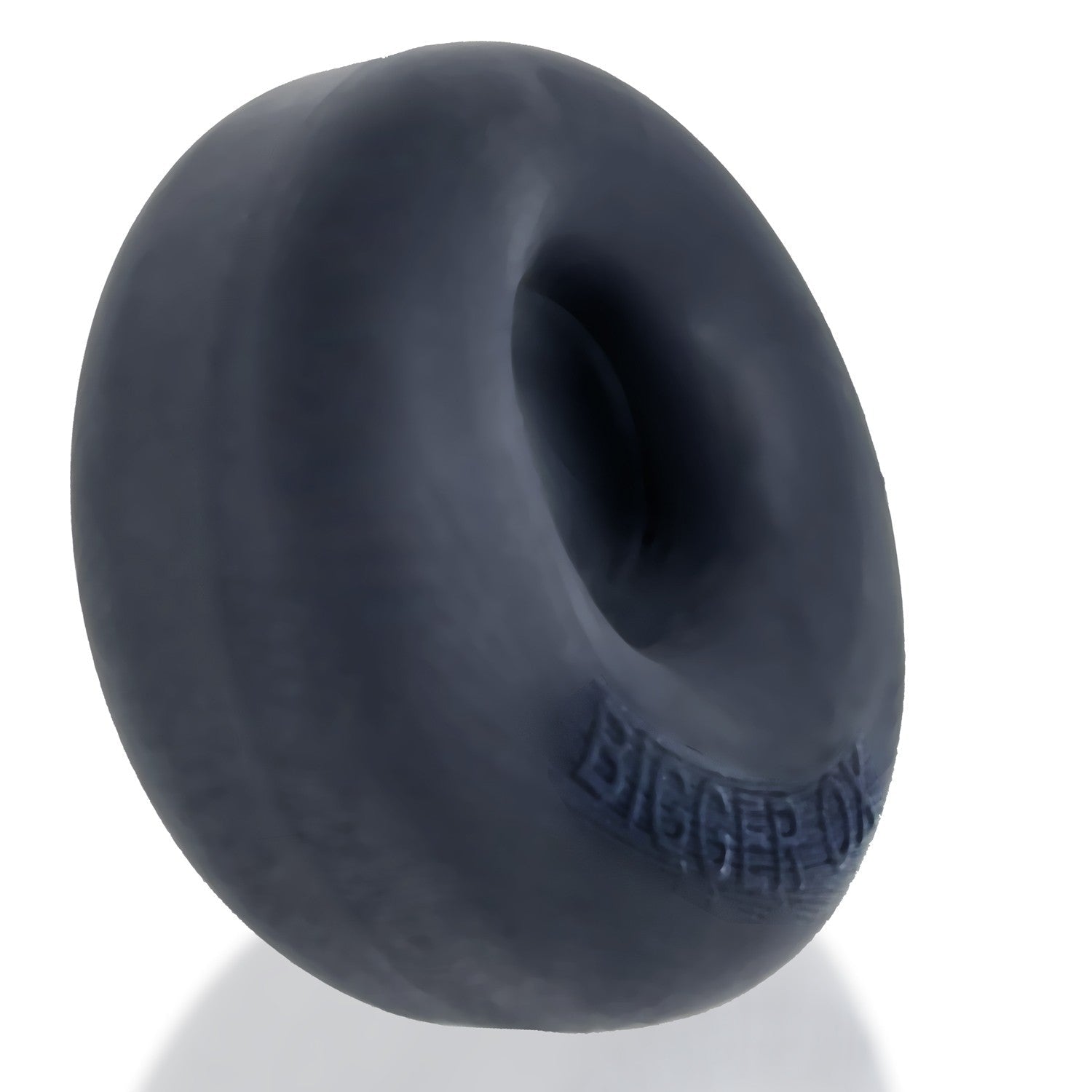 Black silicone bulge maker cock ring with embossed text.