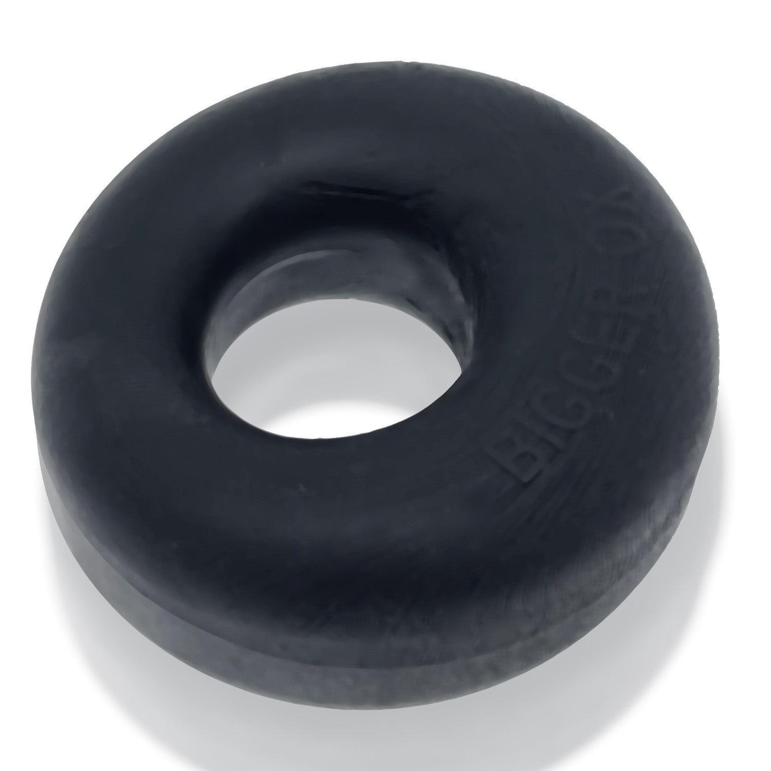 Black silicone bulge maker cock ring with embossed text.