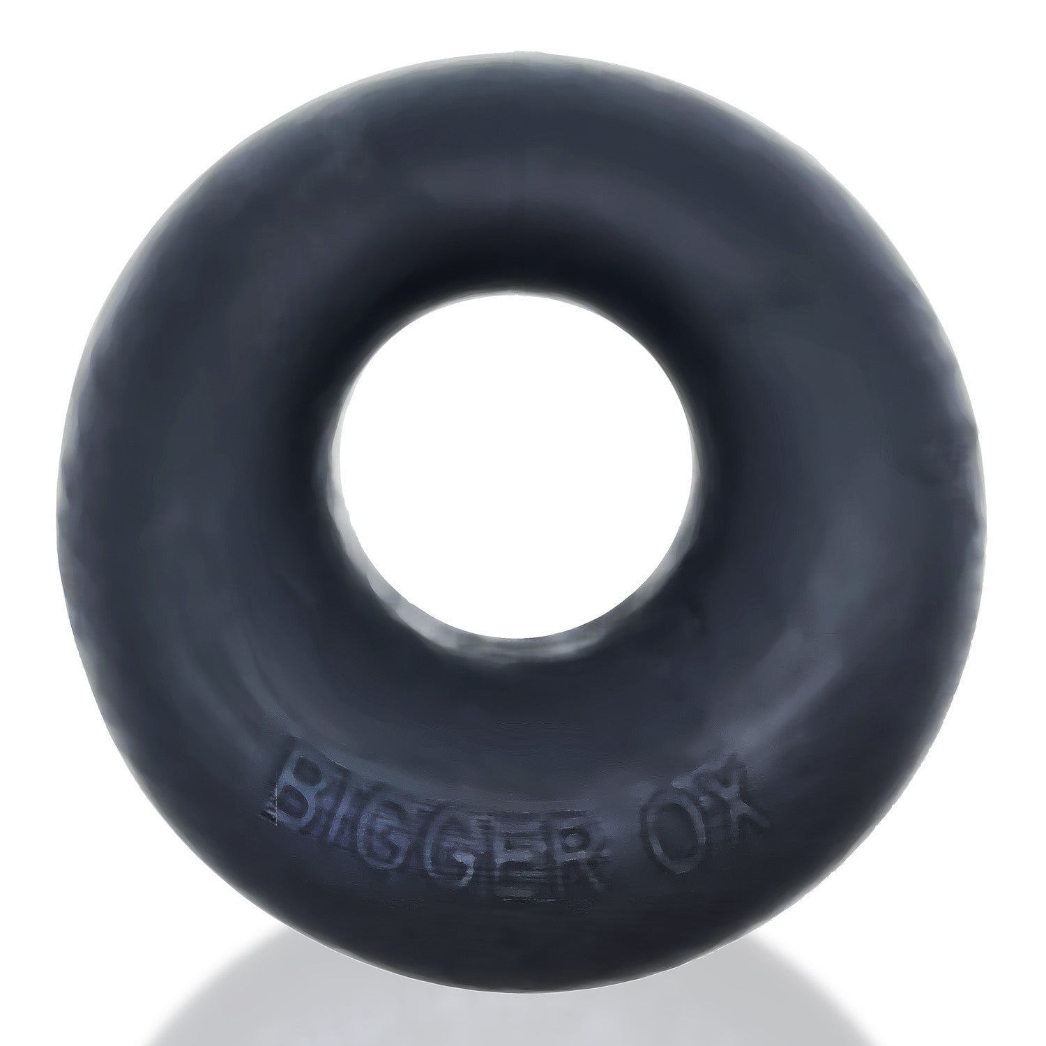 Black silicone bulge maker cock ring with "BIGGER OX" embossed.