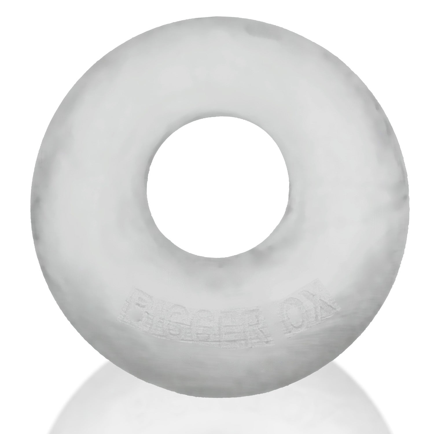 Clear ice stretchy silicone bulge enhancing cock ring with embossed text.