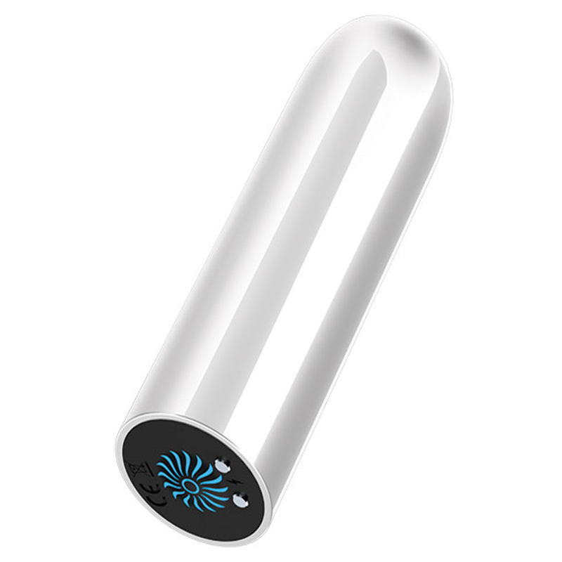 White bullet vibrator with a blue fan-like design on the end.