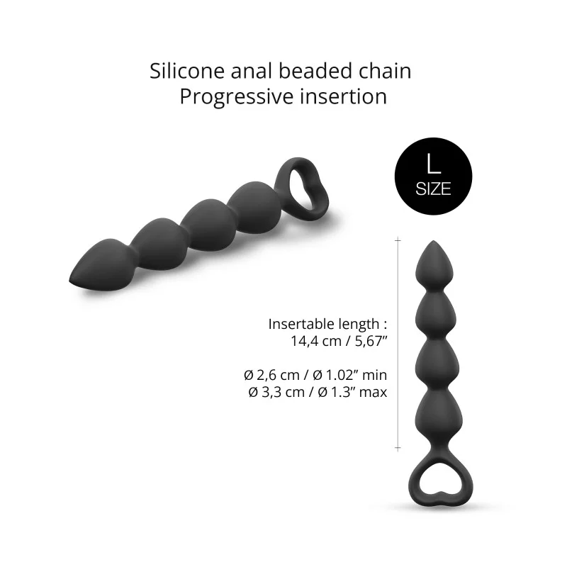 Black silicone graduated anal beads with a heart-shaped handle, size L.