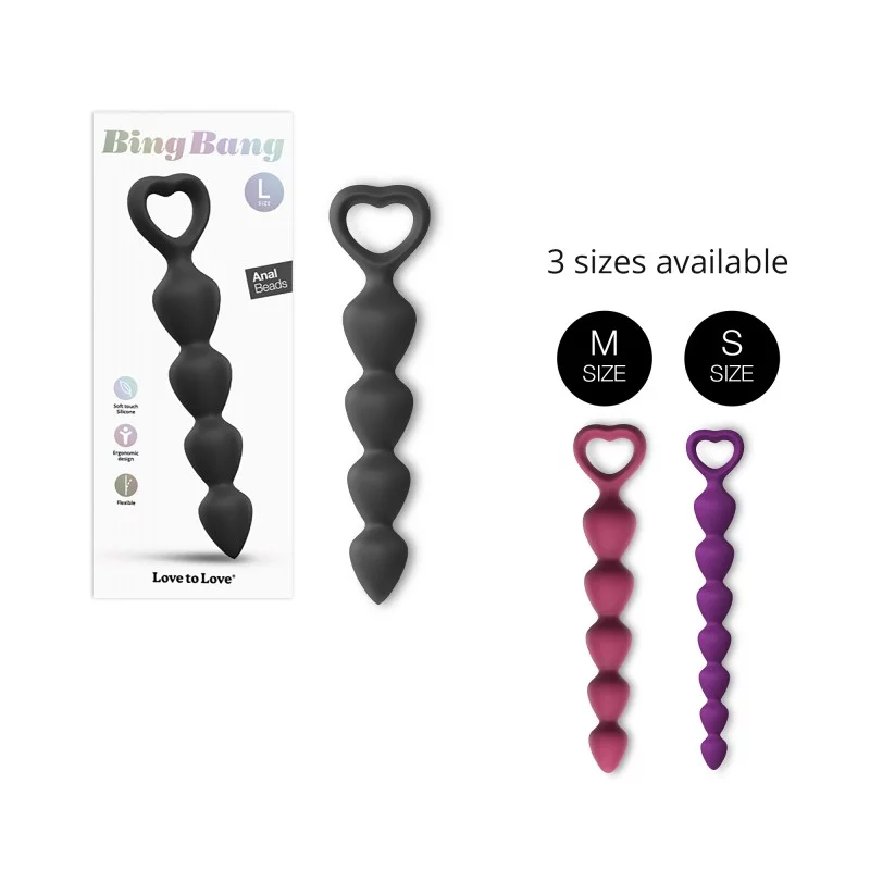 Black large Bing Bang anal beads with a heart-shaped handle.