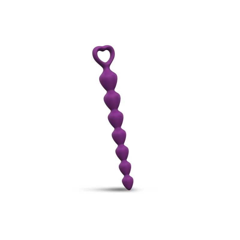 Purple silicone anal bead chain with a heart-shaped handle.