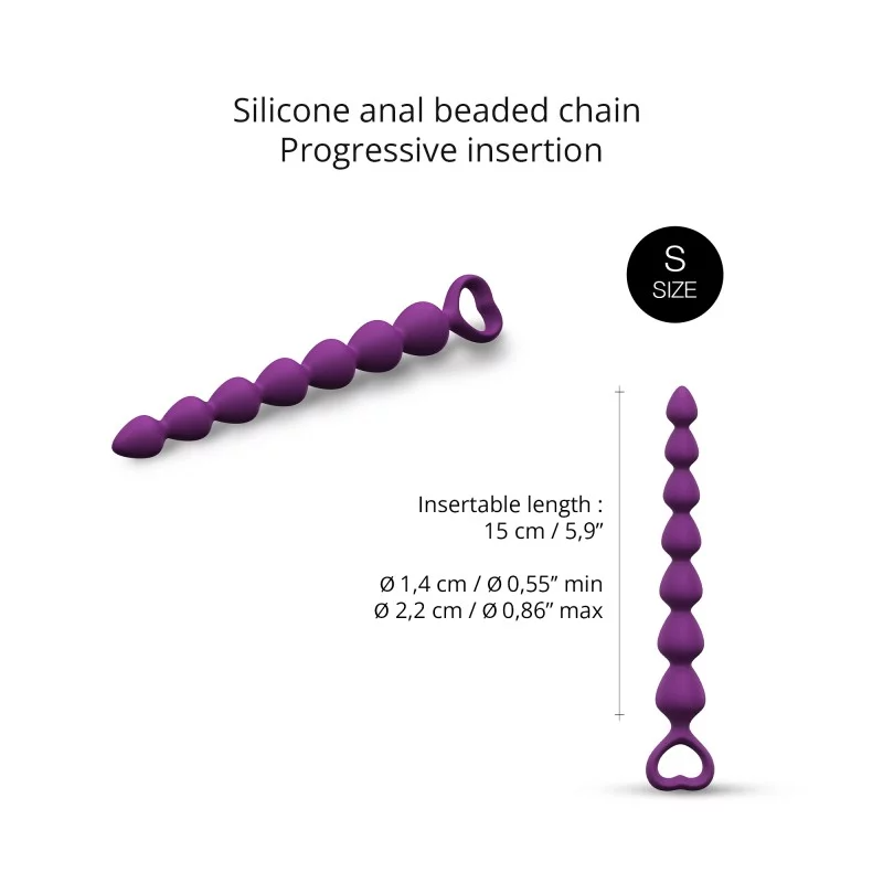 Purple silicone anal bead chain with progressive insertion and size S label.