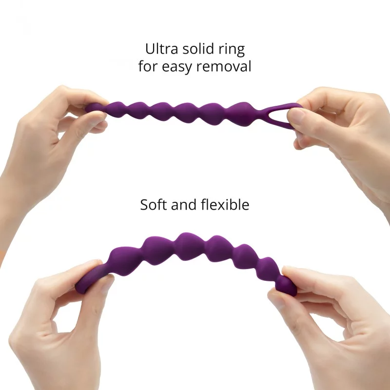 Purple silicone anal bead chain with a solid removal ring.