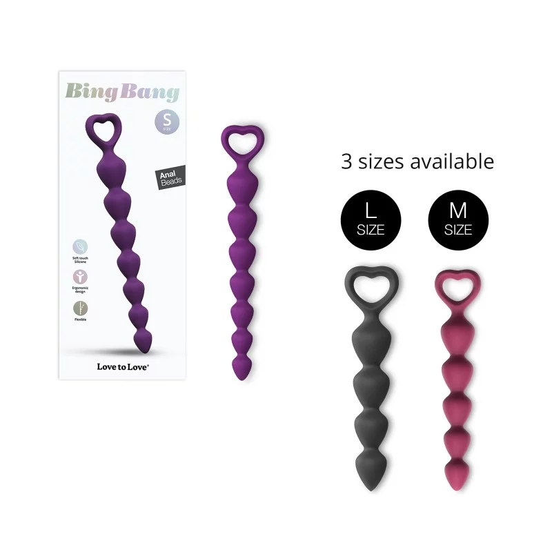 Purple Bing Bang S silicone anal bead chain with heart handle.