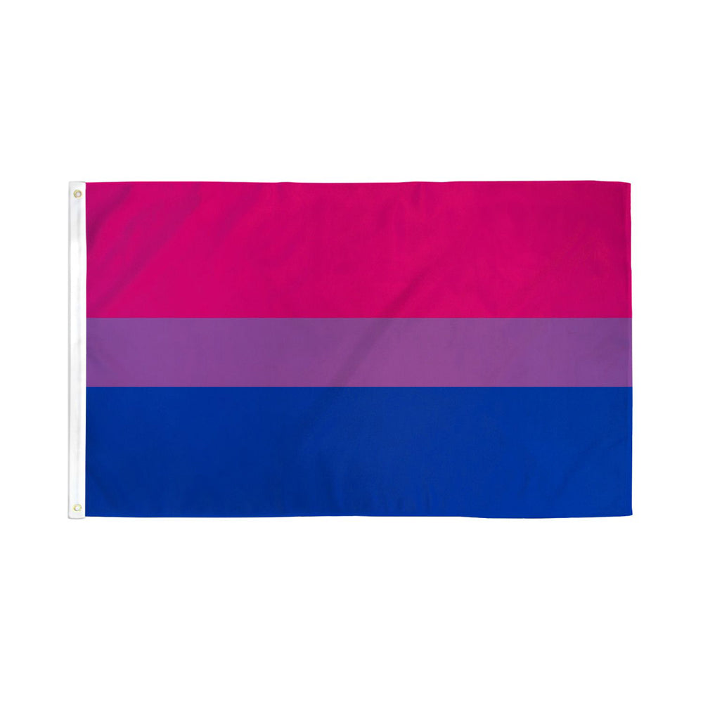 A bisexual pride flag with pink, purple, and blue stripes.