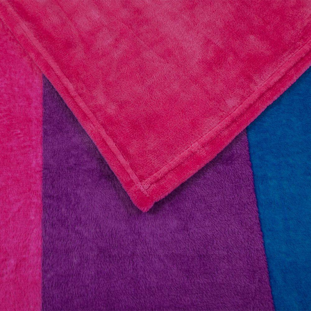 A bisexual pride plush fleece blanket with pink, purple, and blue stripes.