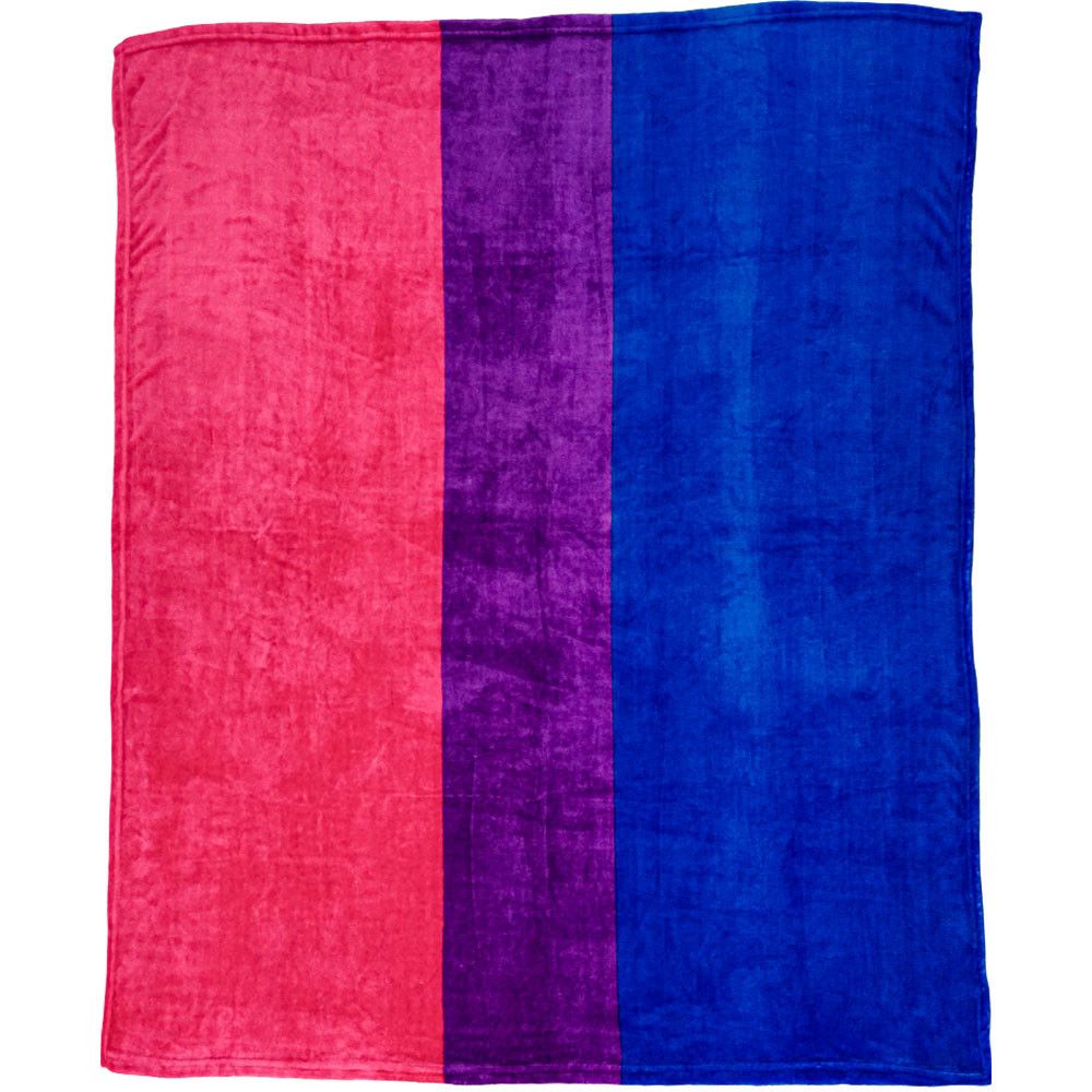 A bisexual pride plush fleece blanket with pink, purple, and blue stripes.