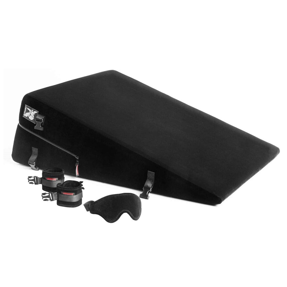 Black positioning ramp with cuffs and blindfold.