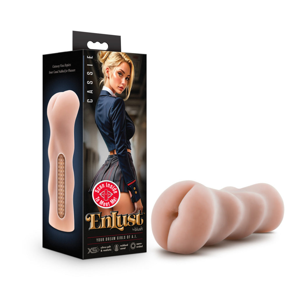 Cassie Anal Stroker male toy in open-ended design with soft X5 Plus material, shown in box and out.