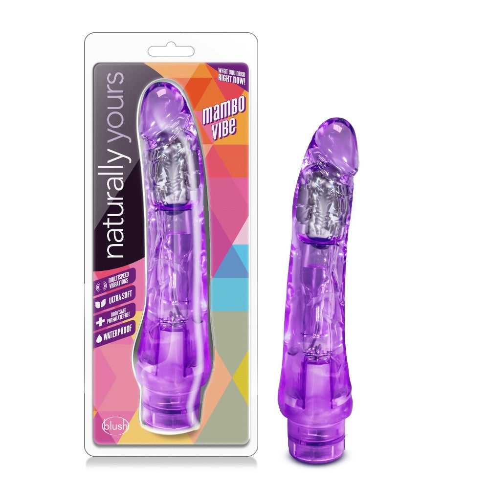 Purple Mambo Vibe waterproof realistic soft vibrator in packaging.
