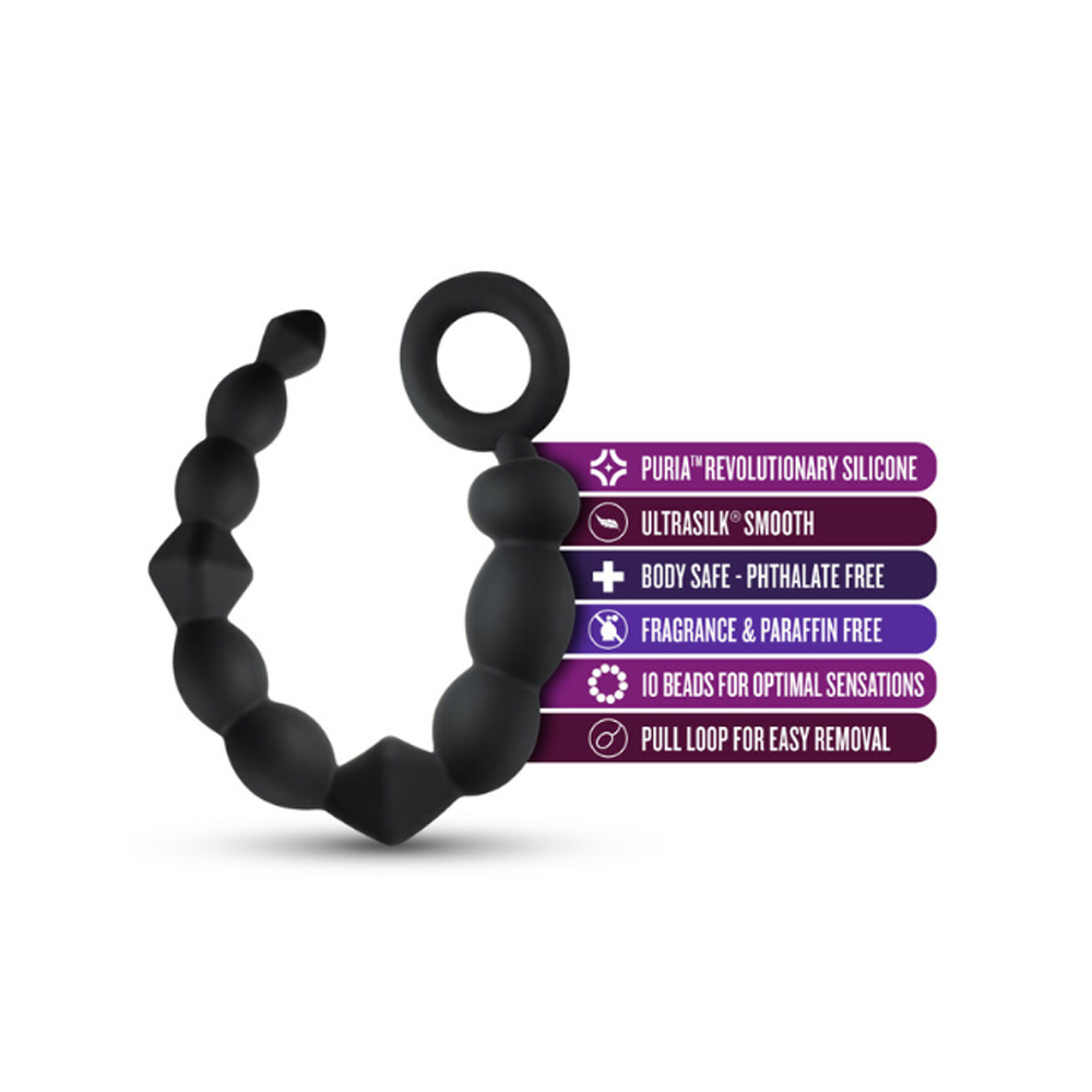 Black silicone anal beads with a looped handle and descriptive text.