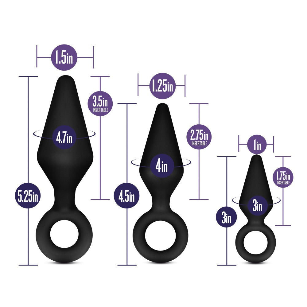 Three black silicone anal plugs of varying sizes with measurement labels.