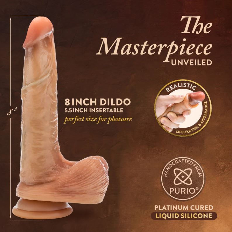 8-inch dual density silicone dildo with sliding foreskin and suction cup base.