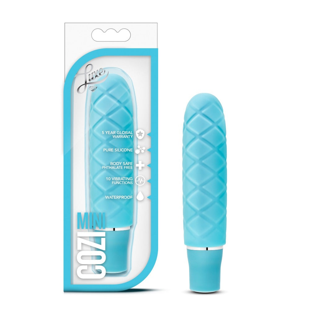 A blue textured silicone mini vibrator in packaging, featuring text about its features.