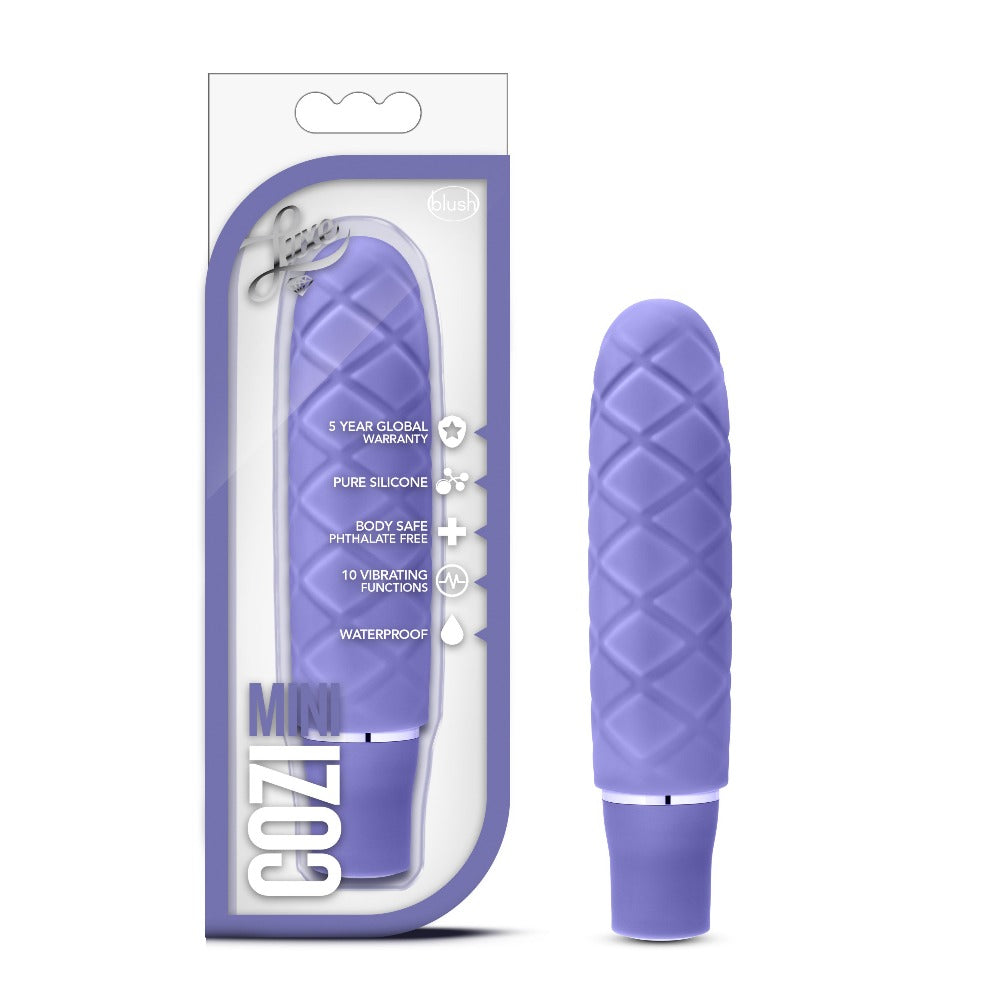 Periwinkle Cozi Mini waterproof silicone vibrator with textured surface.