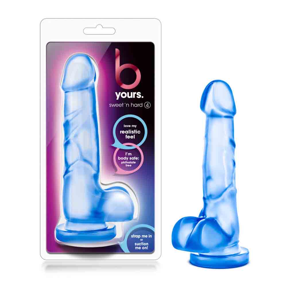 Clear blue realistic suction cup dildo with harness compatibility on pink packaging.
