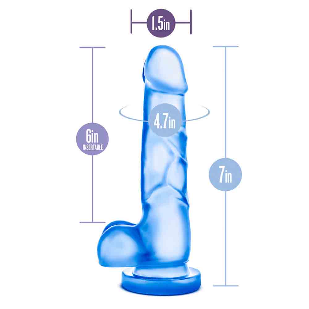 Blue realistic suction cup dildo with harness compatibility, measuring 7 inches insertable.