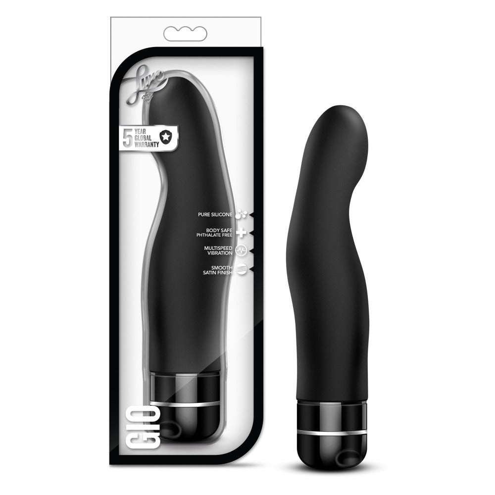 Black curved silicone G-spot vibrator with multispeed vibration and satin finish.