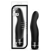 Black curved silicone G-spot vibrator with multispeed vibration and satin finish.