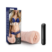 Ashley vibrating open-ended masturbator in blush with a black vibrating bullet.