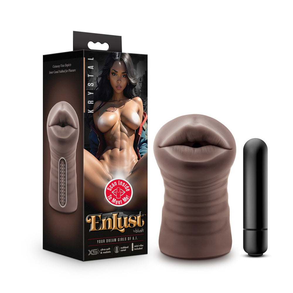 Vibrating male stroker in brown X5 Plus material with open-ended mouth design and included bullet vibrator, shown in box with model.