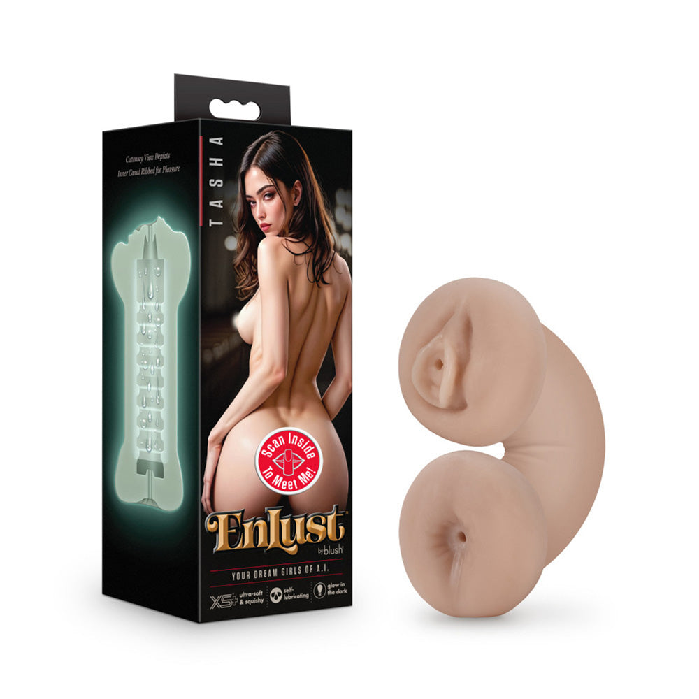Glow-in-the-dark dual orifice male stroker in box with model.
