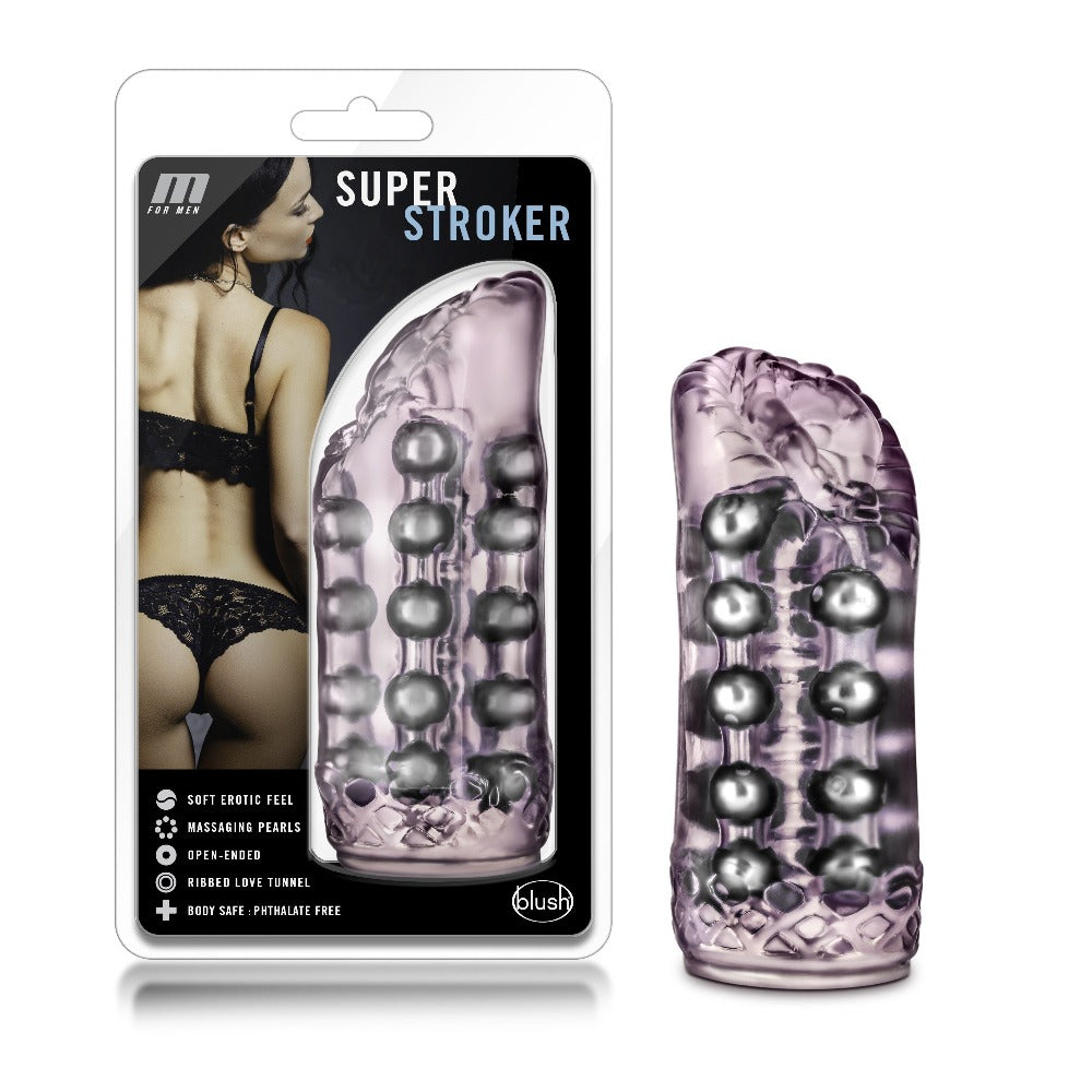 Pink ribbed male masturbator with massaging pearls.