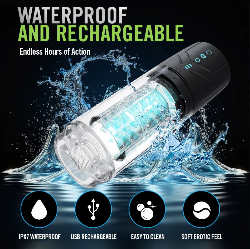 A clear, rotating male masturbator with a textured interior, surrounded by water splashes.